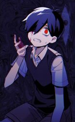 Rule 34 | 1boy, ahoge, black vest, blood, blood on clothes, blood on hands, buttons, collared shirt, fingernails, hair between eyes, highres, looking up, male focus, omori, red eyes, scared, shirt, short hair, short sleeves, shorts, solo, something (omori), spoilers, sunny (omori), sweatdrop, teeth, vest, yutsu