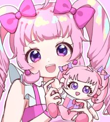 Rule 34 | 1girl, :d, ahoge, aozora himari, blunt bangs, bow, character doll, commentary request, doll, earrings, hair bow, hands up, himitsu no aipri, holding, holding doll, idol clothes, jewelry, long hair, looking at viewer, open mouth, pink bow, pink hair, pq (pq owo), pretty series, purple eyes, simple background, smile, solo, twintails, upper body, white background