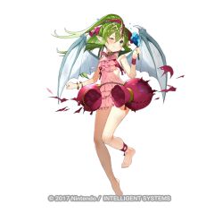 Rule 34 | 1girl, ankleband, barefoot, blush, bracelet, clenched teeth, dress, fire emblem, fire emblem heroes, full body, gaou (umaiyo puyoman), green eyes, green hair, headpiece, holding, injury, jewelry, long hair, nintendo, official art, one eye closed, pink dress, pointy ears, ponytail, ryona, short dress, simple background, solo, teeth, tiki (fire emblem), tiki (young) (fire emblem), torn clothes, watermark, white background, wings