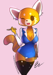 Rule 34 | 10s, 1girl, aggressive retsuko, animal ears, artist name, black eyes, black thighhighs, blue vest, breasts, cleavage, clipboard, collarbone, female focus, furry, furry female, hand up, holding, large breasts, long sleeves, looking at viewer, one eye closed, open mouth, panda ears, panties, patreon, patreon username, pen, pink background, retsuko, rizeki, shirt, signature, simple background, smile, solo, standing, tail, text focus, thighhighs, underwear, vest, watermark, web address, white panties, white shirt, wink