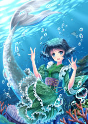 Rule 34 | 1girl, blue eyes, blue hair, bubble, coral, dolphin, fins, fish, floral print, head fins, highres, japanese clothes, kimono, looking at viewer, matching hair/eyes, mermaid, monster girl, obi, open mouth, sash, smile, solo, stingray, touhou, underwater, villyane, wakasagihime