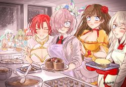 Rule 34 | 6+girls, animal, animal on head, apron, artemis (fate), boudica (fate), breasts, cake, candy, chocolate, chocolate heart, cleavage, cooking, earrings, fate/grand order, fate (series), food, fou (fate), glasses, hair over one eye, heart, hoop earrings, horns, jewelry, kitchen, kiyohime (fate), large breasts, maid headdress, marie antoinette (fate), mash kyrielight, mata hari (fate), multiple girls, necktie, on head, one eye closed, signature, tamamo (fate), tamamo cat (fate), uhana, v