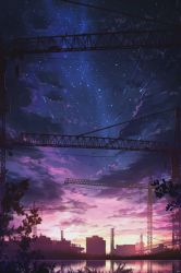 Rule 34 | absurdres, cloud, commentary request, crane (machine), grass, highres, house, leaf, no humans, original, outdoors, reflection, scenery, shooting star, sky, skyline, skyrick9413, star (sky), starry sky, sunset, water