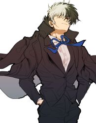 Rule 34 | 1boy, black coat, black hair, black jack (character), black jack (series), black pants, black vest, blue ribbon, coat, coat on shoulders, collared shirt, facial scar, frown, hands in pockets, highres, long sideburns, long sleeves, looking at viewer, male focus, mame moyashi, multicolored hair, neck ribbon, open clothes, open coat, pants, patchwork skin, red eyes, ribbon, scar, scar on cheek, scar on face, shirt, short hair, sideburns, simple background, solo, split-color hair, stitched face, stitches, two-tone hair, vest, white background, white hair, white shirt, wing collar