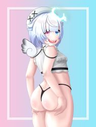 Rule 34 | 1girl, absurdres, amemiya nazuna, artist request, ass, ass grab, ass support, bare shoulders, blue eyes, blush, breasts, butt crack, camisole, come hither, flat chest, from behind, hat, heterochromia, highres, huge ass, looking at viewer, naughty face, open mouth, pink eyes, shiny skin, short hair, sideboob, smile, solo, thong, virtual youtuber, vshojo, white hair