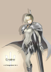 Rule 34 | 1girl, armor, blonde hair, bodysuit, cape, character name, clare (claymore), claymore (series), claymore (sword), collarbone, copyright name, english text, engrish text, grey eyes, highres, huge weapon, kobaku, pauldrons, pteruges, ranguage, shadow, shoulder armor, simple background, solo, weapon