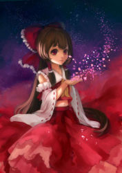 Rule 34 | 1girl, 2015, ascot, bow, brown hair, cupping hand, detached sleeves, frilled skirt, frilled sleeves, frills, hair bow, hair tubes, hakurei reimu, highres, long hair, looking at viewer, navel, neckerchief, petals, red bow, red eyes, red ribbon, red skirt, ribbon, ribbon-trimmed sleeves, ribbon trim, sitting, skirt, solo, stomach, touhou, wide sleeves