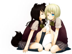 Rule 34 | 2girls, ahoge, animal ears, arm grab, arm support, between thighs, black hair, blonde hair, blue eyes, closed eyes, dog ears, dog tail, fuwayu, holding another&#039;s arm, inutose, kiss, kissing cheek, kneehighs, multiple girls, no shoes, one eye closed, original, plaid, plaid skirt, pleated skirt, ribbon, school uniform, seiza, short hair, simple background, sitting, skirt, socks, sweater vest, tail, tears, thighs, v arms, vest, wince, wink, yuri