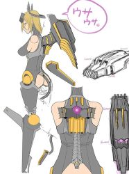 Rule 34 | 00s, 1girl, :|, alca steele, android, armor, ass, backbone, bare shoulders, blonde hair, breasts, cable, cable tail, character sheet, closed mouth, cyborg, doll joints, english text, expressionless, female focus, flat color, forehead protector, from behind, from side, hair between eyes, hair ornament, half-closed eyes, headgear, high heels, impossible clothes, joints, large breasts, looking at viewer, looking back, mecha musume, mechanical legs, mechanical parts, mechanical tail, mechanical wings, multiple views, no arms, official art, profile, robot joints, shindol, sideboob, simple background, speech bubble, tail, taimanin (series), taimanin asagi, taimanin asagi kessen arena, turtleneck, white background, wings, yellow eyes