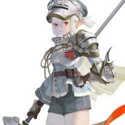 Rule 34 | 1girl, armor, couter, hand on own hip, helmet, highres, original, pointy ears, polearm, ponytail, red eyes, shorts, simple background, spear, vexxxxa, weapon, white background
