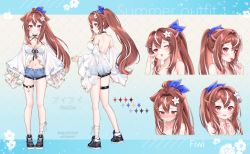 Rule 34 | absurdres, artist name, ass, blush, breasts, brown hair, candy, character sheet, cleavage, detached sleeves, flower, food, hair flower, hair ornament, hairclip, highres, indie virtual youtuber, large breasts, lilya kyomi (fiwivt), lollipop, micro shorts, multicolored hair, nami (nyaa), navel, open fly, open mouth, ponytail, red eyes, second-party source, shorts, smile, streaked hair, two-tone hair, unbuttoned, virtual youtuber, white hair