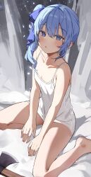 Rule 34 | 1girl, axe, bare shoulders, barefoot, blue eyes, blue hair, blush, breasts, camisole, cleavage, highres, hololive, hoshimachi suisei, looking at viewer, medium hair, one side up, orobou, small breasts, solo, virtual youtuber, white camisole