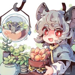 Rule 34 | 1girl, animal ear fluff, animal ears, basket, blue capelet, blush, cactus, capelet, collared capelet, commentary request, flower, flower pot, grey hair, grey vest, holding, holding basket, holding flower pot, long sleeves, looking at viewer, mame komari, medium hair, mouse (animal), mouse ears, mouse girl, mouse tail, nazrin, open mouth, orange flower, plant, polka dot, polka dot background, potted plant, prehensile tail, red eyes, shirt, smile, solo, sprout, tail, touhou, twitter username, upper body, vest, white background, white shirt, white sleeves, yellow collar