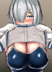 Rule 34 | 1girl, bad id, bad pixiv id, blue eyes, breasts, clothes lift, clothes pull, competition school swimsuit, covered mouth, gloves, grey background, hair ornament, hair over one eye, hairclip, hamakaze (kancolle), kantai collection, large breasts, one-piece swimsuit, school swimsuit, school uniform, serafuku, shirt lift, shirt pull, short hair, short sleeves, silver hair, solo, swimsuit, swimsuit under clothes, terakoya, white gloves