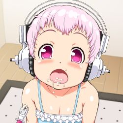 Rule 34 | 1girl, absurdres, baby, blush, food, food in mouth, food on face, headphones, highres, looking at viewer, navel, nitroplus, open mouth, pink eyes, pink hair, short hair, solo, spoon, super sonico, tsuji santa, aged down