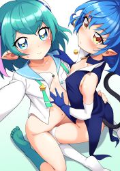 Rule 34 | 2girls, absurdres, aqua hair, blue cat (precure), blue eyes, blue gloves, blue hair, blue sailor collar, blush, cat tail, choker, closed mouth, commentary request, gloves, gradient background, green background, hagoromo lala, hayashi keita, highres, kneeling, long sleeves, looking at viewer, multiple girls, navel, open clothes, open shirt, pointy ears, precure, sailor collar, school uniform, selfie, shirt, smile, socks, star-shaped pupils, star (symbol), star twinkle precure, symbol-shaped pupils, tail, thighhighs, white background, white legwear, white shirt, yellow eyes, yuni (precure), yuri