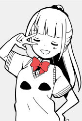 Rule 34 | 1girl, :d, blunt bangs, bow, bowtie, closed eyes, collared shirt, commentary request, dot nose, facing viewer, grey background, greyscale, hair ornament, hair scrunchie, hand on own hip, hand up, highres, hitoribocchi no marumaru seikatsu, honshou aru, katsuwo (cr66g), long hair, monochrome, open mouth, ponytail, red bow, red bowtie, school uniform, scrunchie, shirt, short sleeves, simple background, smile, solo, split mouth, spot color, sweater vest, upper body, w, w over eye