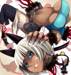 Rule 34 | 1girl, animal ears, bare shoulders, barefoot, belt, belt pouch, blood, blue eyes, bob cut, breasts, cat ears, cat tail, censored, chin (pixipixi), crop top, dark skin, dark-skinned female, disembodied head, disembodied limb, female focus, fingerless gloves, fingernails, gloves, grin, large breasts, midriff, ms. fortune (skullgirls), pinky out, pointless censoring, pouch, scar, severed hand, severed head, severed leg, severed limb, sharp fingernails, short hair, skullgirls, smile, solo, tail, underboob, white hair
