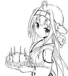 Rule 34 | 10s, 1girl, blush, cake, candle, food, greyscale, kantai collection, kongou (kancolle), long hair, monochrome, simple background, sky-freedom, smile, solo, white background