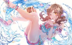 Rule 34 | bare legs, bare shoulders, blush, brown eyes, brown hair, cup, drink, drinking straw, eyebrows, flower, hair ornament, hairpin, holding, holding cup, holding drink, holding drinking straw, idolmaster, idolmaster cinderella girls, idolmaster cinderella girls starlight stage, long hair, looking at viewer, navel, one eye closed, rain (regen), sandals, smile, solo, star (symbol), swimsuit, totoki airi, twintails, water