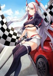 Rule 34 | 1girl, absurdres, azur lane, black gloves, black jacket, black thighhighs, blue sky, breasts, checkered flag, cloud, day, feet out of frame, flag, gloves, groin, high collar, highres, jacket, long hair, looking at viewer, medium breasts, microskirt, midriff, multicolored hair, navel, outdoors, prinz eugen (azur lane), prinz eugen (final lap) (azur lane), race queen, red hair, short sleeves, silver hair, skirt, sky, smile, solo, stomach, streaked hair, thighhighs, thighs, two side up, underboob, very long hair, yellow eyes, yunweishukuang