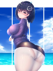 Rule 34 | 1girl, ass, beach, blush, breasts, closed mouth, haguro (kancolle), hair ornament, hairclip, highres, huge ass, kantai collection, large breasts, momoriko, nose blush, ocean, panties, pantyhose, shiny clothes, shiny skin, short hair, sky, thick thighs, thighs, underwear, white pantyhose