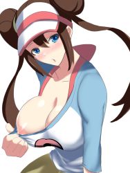 Rule 34 | 1girl, :o, akire (akireru shoujo), blue eyes, blush, breasts, brown hair, cleavage, collarbone, creatures (company), double bun, embarrassed, female focus, flashing, game freak, hair between eyes, hair bun, hand up, hat, head tilt, highres, large breasts, long hair, looking at viewer, nintendo, nipples, no bra, nose blush, one breast out, parted lips, pokemon, pokemon bw2, rosa (pokemon), shiny skin, simple background, skirt, solo, twintails, upper body, white background, yellow skirt