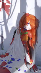 Rule 34 | 1girl, absurdres, against wall, arm support, artist name, blue eyes, crack, cracked wall, flower request, hair over one eye, highres, interface headset, long hair, neon genesis evangelion, nerv, petals, plugsuit, rebuild of evangelion, red hair, shaded face, shadow, signature, sitting, solo, souryuu asuka langley, twintails, very long hair, yurakusai