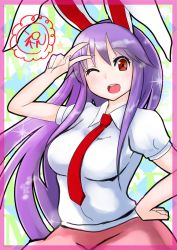 Rule 34 | 1girl, ;o, animal ears, bad id, bad pixiv id, breasts, rabbit ears, hand on own hip, large breasts, long hair, moni (credo), necktie, one eye closed, open mouth, purple hair, red eyes, reisen udongein inaba, solo, touhou, v over eye