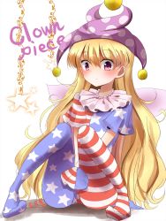 Rule 34 | 1girl, american flag dress, american flag legwear, american flag shirt, blonde hair, blush, character name, clownpiece, dress, hat, highres, indo (mdtanaka2007), jester cap, knees together feet apart, long hair, looking at viewer, pantyhose, pink eyes, print dress, revision, simple background, sitting, solo, star (symbol), striped clothes, striped dress, striped pantyhose, touhou, v arms, very long hair