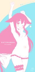 Rule 34 | 10s, 1girl, ;o, arms up, bad id, bad tumblr id, bikini, bikini bottom only, black bikini, blush, bow, bridal garter, copyright name, cowboy shot, gatchaman crowds, green eyes, hair bow, hair censor, hair flaps, hair over breasts, highres, limited palette, march-bunny, miya utsutsu, navel, one eye closed, pale color, pink hair, pink theme, simple background, solo, stretching, swimsuit, topless