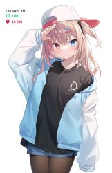 Rule 34 | 1girl, arm up, arrow (symbol), backwards hat, black bow, black shirt, blue eyes, blue jacket, blue shorts, blush, bow, breasts, brown hair, brown pantyhose, closed mouth, commentary, english commentary, english text, hair bow, hair ornament, hairclip, hat, heart, heterochromia, highres, hitsukuya, jacket, long hair, long sleeves, looking at viewer, meme, multicolored hair, off shoulder, one side up, open clothes, open jacket, original, pantyhose, pantyhose under shorts, pink hair, puffy long sleeves, puffy sleeves, red eyes, revision, shirt, short shorts, shorts, simple background, sleeves past wrists, small breasts, solo, streaked hair, twitter strip game (meme), white background, white hat