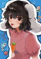 Rule 34 | 1girl, :p, animal ears, b nosk101, black hair, blush, carrot, carrot necklace, closed mouth, danmaku, dress, floppy ears, hair between eyes, highres, inaba tewi, jewelry, looking at viewer, medium hair, necklace, pink dress, puffy short sleeves, puffy sleeves, rabbit ears, rabbit girl, red eyes, shark, short sleeves, solo, tongue, tongue out, touhou, upper body