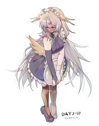Rule 34 | 1girl, absurdres, alternate costume, arknights, bare shoulders, black footwear, black gloves, black thighhighs, bridal gauntlets, commentary request, dated, dress, elbow gloves, enmaided, fake wings, feathered wings, feathers, gaoling gangqin, garter straps, gloves, head wings, highres, holding, holding tray, long hair, low wings, maid, maid headdress, mary janes, mulberry (arknights), shoes, single elbow glove, sleeveless, sleeveless dress, solo, thighhighs, tray, very long hair, white feathers, white hair, white wings, white wristband, wings