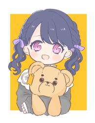 Rule 34 | 1girl, black hair, braid, commentary request, cottonplum, hugging doll, fang, fukumaru koito, hair ribbon, highres, idolmaster, idolmaster shiny colors, looking at viewer, hugging object, open mouth, purple eyes, purple ribbon, ribbon, skin fang, sleeves past wrists, solo, swept bangs, twintails, yellow background