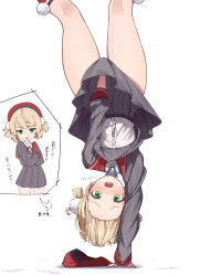 Rule 34 | 1girl, absurdres, beret, blonde hair, blush, commentary request, crossed arms, embarrassed, eru (l illust45), forehead, green eyes, grey shirt, grey skirt, hair ornament, hair rings, handstand, hat, highres, indie virtual youtuber, long sleeves, looking at viewer, lycoris challenge (meme), meme, one arm handstand, open mouth, pom pom (clothes), pom pom hair ornament, shigure ui (vtuber), shigure ui (vtuber) (1st costume), shirt, simple background, skirt, skirt hold, striped clothes, striped shirt, striped skirt, sweat, thighs, translation request, upside-down, vertical-striped clothes, vertical-striped shirt, vertical-striped skirt, virtual youtuber, white background, white shirt