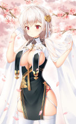 Rule 34 | 1girl, absurdres, azur lane, between breasts, black dress, braid, branch, breast curtains, breasts, cherry blossoms, china dress, chinese clothes, cleavage, cowboy shot, dress, french braid, gloves, hair ornament, hands up, highres, kotomaru (sirouko9511), large breasts, looking at viewer, pelvic curtain, petals, red eyes, see-through, short hair, silver hair, single glove, sirius (azur lane), sirius (azure horizons) (azur lane), skindentation, sleeveless, sleeveless dress, solo, thighhighs, white gloves, white thighhighs
