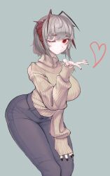 Rule 34 | 1girl, absurdres, antenna hair, arknights, blowing kiss, breasts, demon horns, grey hair, highres, horns, large breasts, linza, looking at viewer, nail polish, red eyes, short hair, simple background, smile, solo, sweater, turtleneck, turtleneck sweater, w (arknights)