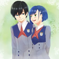 Rule 34 | 0 gella, 10s, 1boy, 1girl, black hair, blue eyes, blue hair, blush, breasts, couple, darling in the franxx, dress, dress grey, floral background, flower, green eyes, grey dress, grey shirt, hair ornament, hairclip, hand on back, hetero, highres, hiro (darling in the franxx), ichigo (darling in the franxx), long sleeves, looking at another, military, military uniform, necktie, red neckwear, shirt, short hair, small breasts, uniform