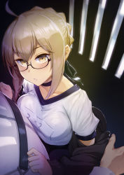 Rule 34 | 1boy, 1girl, ahoge, alternate costume, artoria pendragon (fate), black-framed eyewear, black choker, black jacket, black ribbon, blonde hair, braid, breast press, breasts, choker, collarbone, commentary request, fate/grand order, fate (series), from above, glasses, hair ribbon, hands on another&#039;s chest, head out of frame, highres, jacket, long sleeves, looking at viewer, medium breasts, mysterious heroine x alter (fate), mysterious heroine x alter (second ascension) (fate), nonderi, off-shoulder jacket, off shoulder, parted lips, ribbon, semi-rimless eyewear, shirt, solo focus, upper body, white shirt, yellow eyes