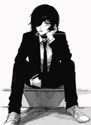 Rule 34 | 1girl, chainsaw man, cigarette, collared shirt, dress shirt, ebanoniwa, eyepatch, full body, greyscale, highres, himeno (chainsaw man), jacket, looking at viewer, monochrome, necktie, shadow, shirt, simple background, sitting, smoke, smoking, solo, suit jacket, white background