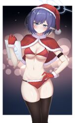 Rule 34 | 1girl, absurdres, aoi (blue archive), bikini, black thighhighs, blue archive, blue eyes, blue hair, blue halo, blush, breasts, capelet, christmas, closed mouth, feet out of frame, gloves, halo, hasarang, hat, highres, looking at viewer, medium breasts, mole, mole under eye, pointy ears, pom pom (clothes), red bikini, red capelet, red gloves, red hat, santa bikini, santa hat, short hair, solo, swimsuit, thighhighs
