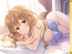 Rule 34 | 1girl, areola slip, artist name, bed, blush, breasts, closed mouth, collarbone, cowboy shot, curtains, dengeki moeou, dutch angle, hair over shoulder, highres, index finger raised, indoors, large breasts, light brown hair, lips, long hair, looking at viewer, lying, messy hair, naked towel, nude, on bed, on side, pillow, purple eyes, shiny skin, sidelocks, smile, solo, towel, twilight, window, yuuki hagure