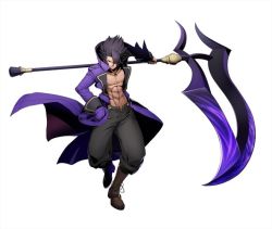 Rule 34 | 1boy, abs, bare pectorals, blazblue, blazblue: cross tag battle, gordeau, hair over one eye, jacket, male focus, official art, open clothes, open jacket, pectorals, scythe, topless male, solo, under night in-birth