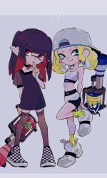 Rule 34 | 2girls, aqua eyes, backwards hat, black choker, black dress, black footwear, black hair, black legwear, blonde hair, blunt bangs, blunt ends, checkered footwear, choker, closed mouth, colored inner hair, commentary, dress, earclip, frown, grey background, h-3 nozzlenose (splatoon), hand to own mouth, hat, holding, holding weapon, imaikuy0, inkling, inkling girl, inkling player character, leg up, long hair, looking at viewer, medium hair, multicolored hair, multiple girls, nike (company), nintendo, octoling, octoling player character, pointy ears, puffy short sleeves, puffy sleeves, red eyes, shirt, shoes, short dress, short sleeves, shorts, smirk, sneakers, socks, splatoon (series), splatoon 2, sportswear, standing, standing on one leg, suction cups, symbol-only commentary, tank top, tentacle hair, thighhighs, twintails, weapon, white footwear, white headwear, white shirt, white shorts, yellow legwear