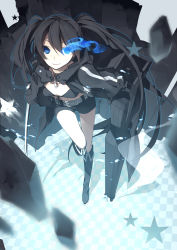 Rule 34 | 10s, 1girl, absurdres, arm cannon, bad id, bad pixiv id, bikini, bikini top only, black hair, black rock shooter, black rock shooter (character), blue eyes, boots, coat, from above, glowing, glowing eye, glowing eyes, highres, hijiri (resetter), huge weapon, long hair, looking at viewer, midriff, pale skin, shadow, shorts, smile, solo, star (symbol), swimsuit, twintails, very long hair, weapon