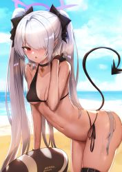 Rule 34 | 1girl, absurdres, artist name, bikini, black bikini, black bow, blue archive, blue sky, blush, bow, cloud, commentary request, day, demon tail, grey hair, hair bow, hair over one eye, halo, highres, horizon, innertube, iori (blue archive), iori (swimsuit) (blue archive), leaning forward, long hair, multi-strapped bikini bottom, nekoya (liu), ocean, open mouth, outdoors, pointy ears, red eyes, side-tie bikini bottom, signature, sky, solo, standing, swim ring, swimsuit, tail, twintails, twitter username, very long hair, water