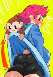 Rule 34 | 1girl, ass, bike shorts, blush, hood, hoodie, kumatora, looking at viewer, looking back, monkey, mother (game), mother 3, nintendo, oasis (magnitude711), open mouth, pink eyes, pink hair, salsa (mother), short hair, simple background, solo, suggestive fluid