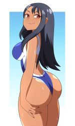 Rule 34 | 1girl, absurdres, abysswatchers, alternate breast size, arm support, ass, bare legs, black hair, blue one-piece swimsuit, breasts, brown eyes, cleavage, competition swimsuit, curvy, dark-skinned female, dark skin, fang, gradient background, grin, heart, highleg, highleg swimsuit, highres, huge ass, ijiranaide nagatoro-san, long hair, looking at viewer, looking back, medium breasts, nagatoro hayase, naughty face, one-piece swimsuit, skin fang, skindentation, smile, swimsuit, tan, tanline, thighs, toes, wide hips
