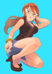 Rule 34 | 1girl, blue background, bracelet, breasts, brown footwear, brown shirt, cleavage, commentary request, creatures (company), elite four, floating hair, game freak, glasses, hand up, high heels, highres, holding, holding poke ball, jewelry, kikuyoshi (tracco), long hair, looking at viewer, lorelei (pokemon), nintendo, orange eyes, orange hair, poke ball, poke ball (basic), pokemon, pokemon frlg, ponytail, popped collar, purple skirt, shirt, side slit, sidelocks, signature, simple background, skirt, sleeveless, sleeveless shirt, solo, squatting